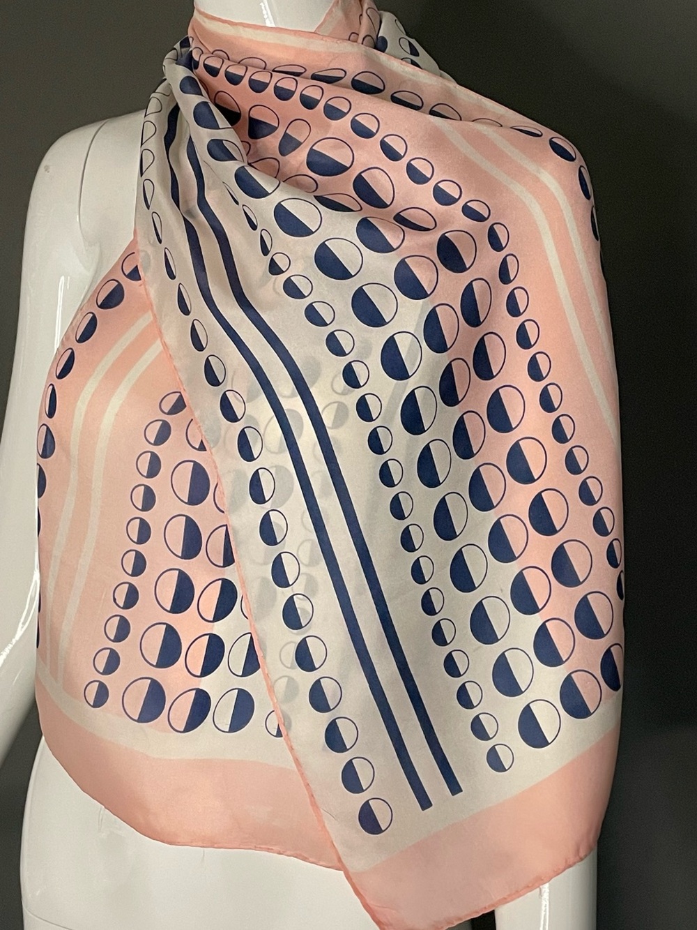 Vintage 70s Op Art Scarf Pink Teal Blue Print 13 x 54 Fair Condition